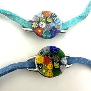 Murano Glass Italy Bracelet Set of 2 Blue Floral Bead Round Colorful Jewelry